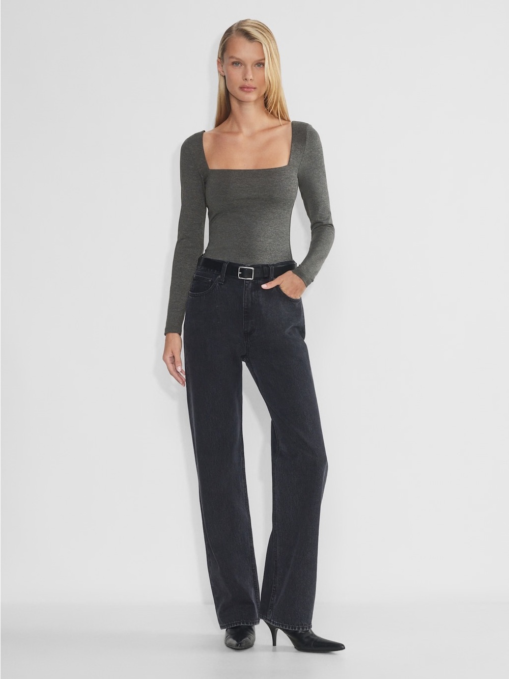 Aritzia Contour Squareneck Hip Longsleeve Heather Charcoal Size Medium